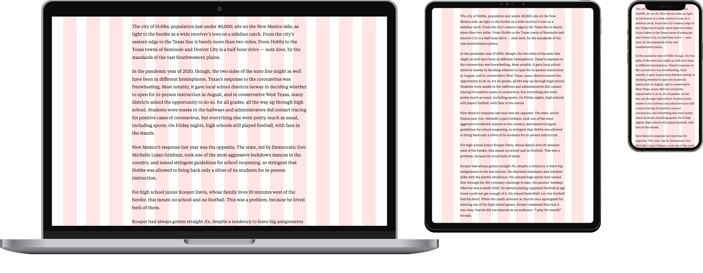 A laptop displaying a 14-column article layout grid, a tablet displaying an eight-column article layout grid, and a smartphone displaying a four-column article-layout grid