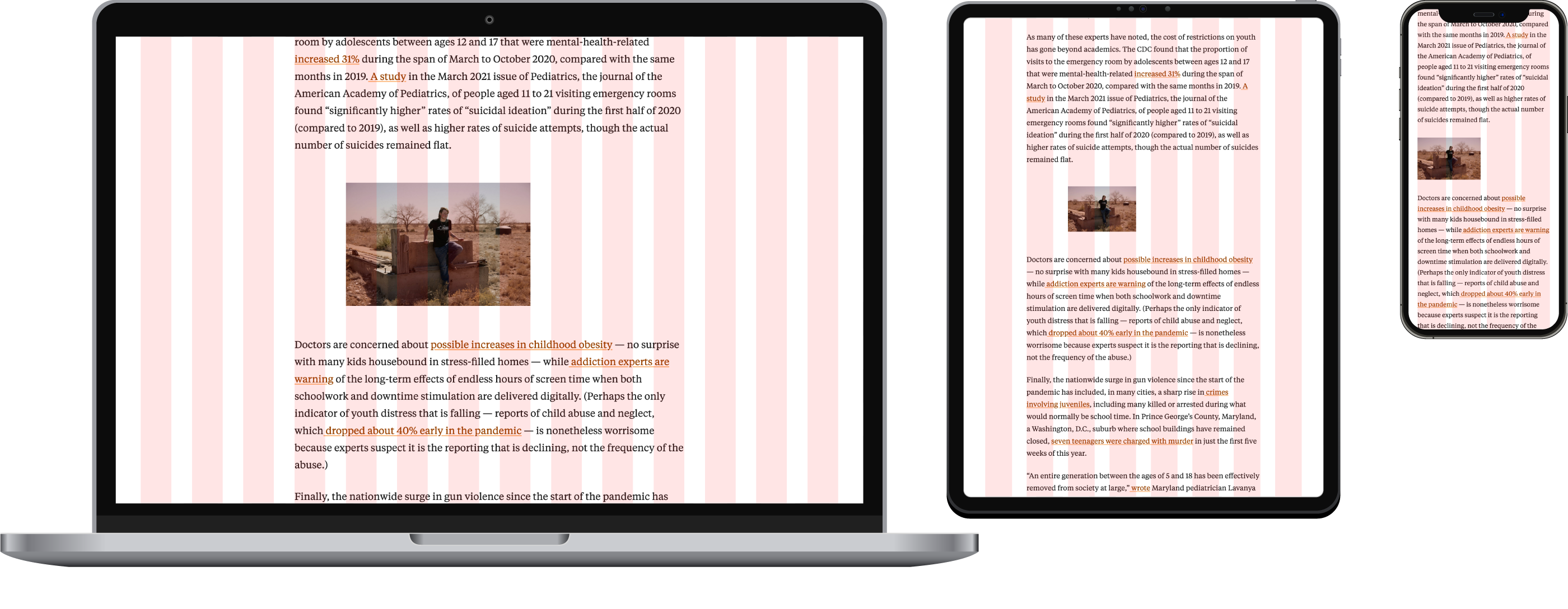 A laptop, tablet and smartphone, each displaying an indented image on an article layout grid